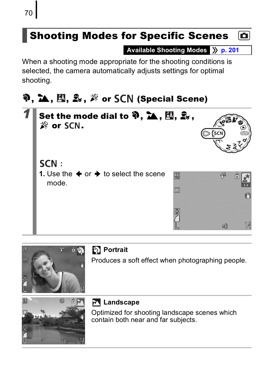 Shooting modes for specific scenes, P. 70) | Canon A590 IS User Manual | Page 72 / 207