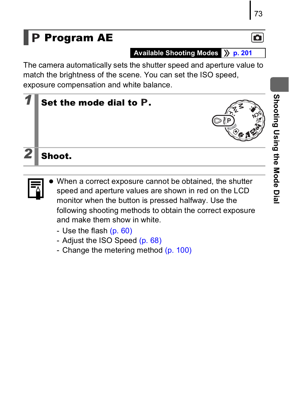 Program ae, P. 73) | Canon A590 IS User Manual | Page 75 / 207