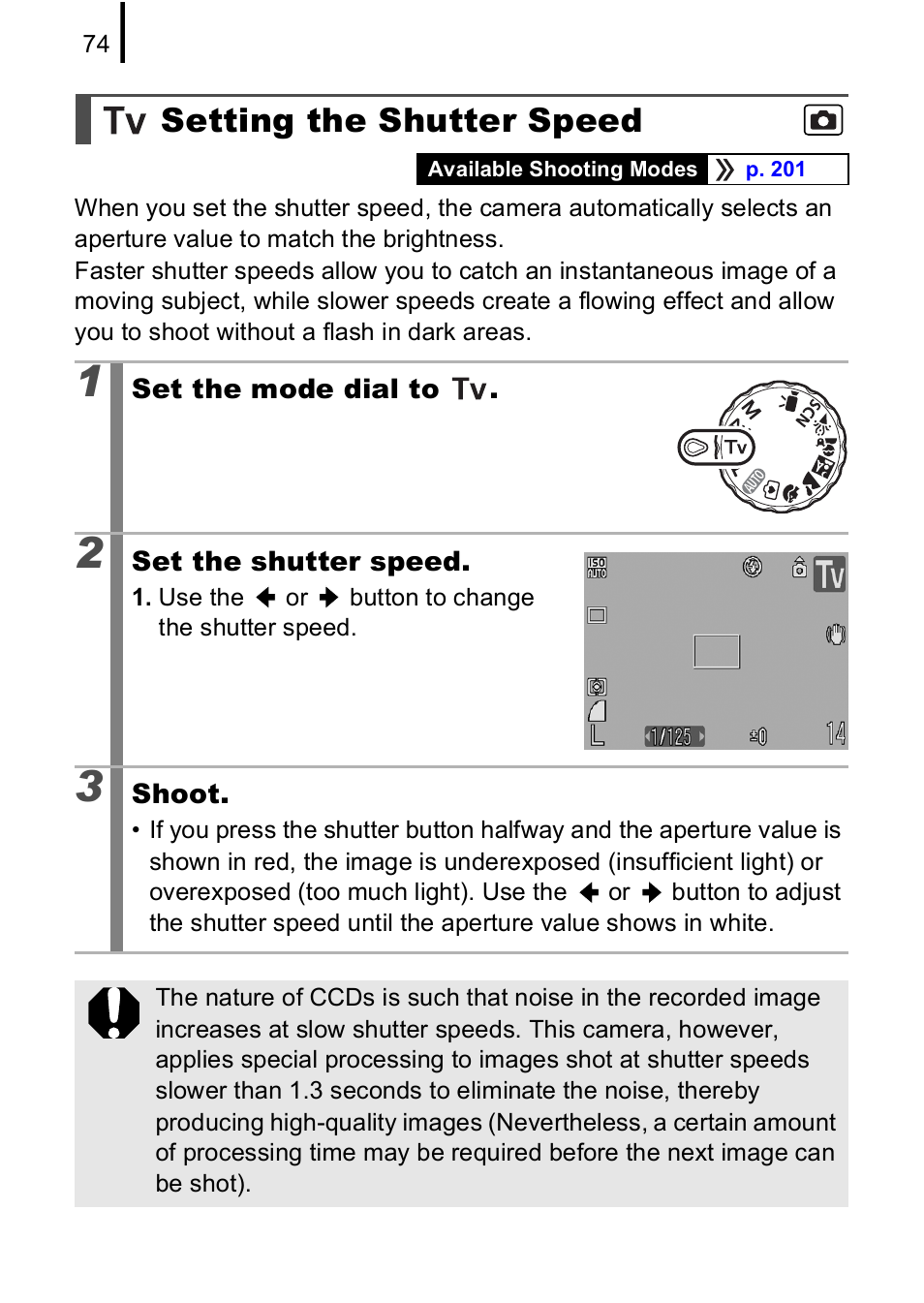 Setting the shutter speed, P. 74) | Canon A590 IS User Manual | Page 76 / 207