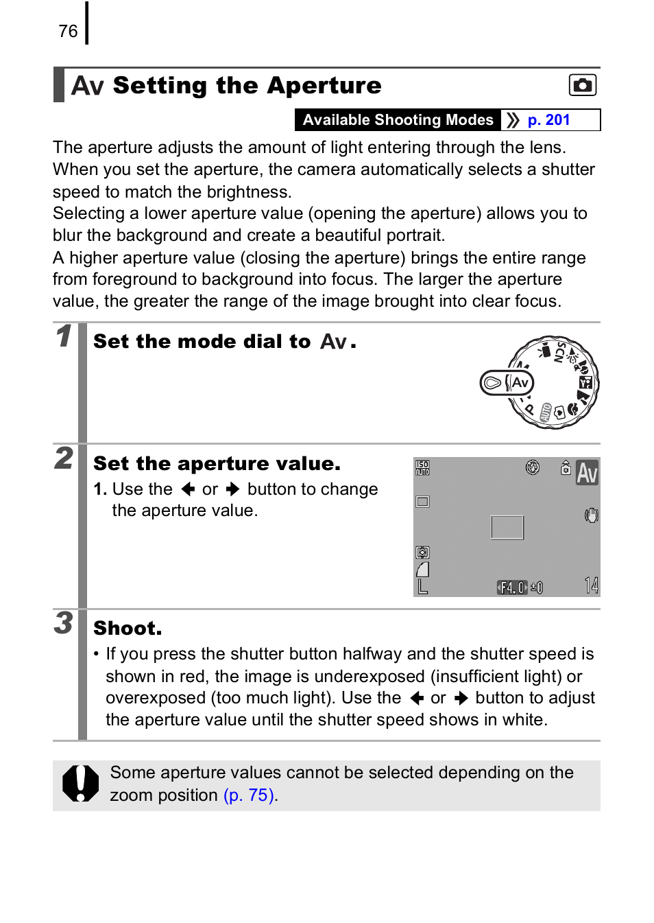 Setting the aperture, P. 76) | Canon A590 IS User Manual | Page 78 / 207