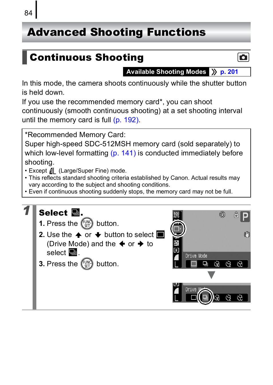 Advanced shooting functions, Continuous shooting, Pp. 84 | Canon A590 IS User Manual | Page 86 / 207