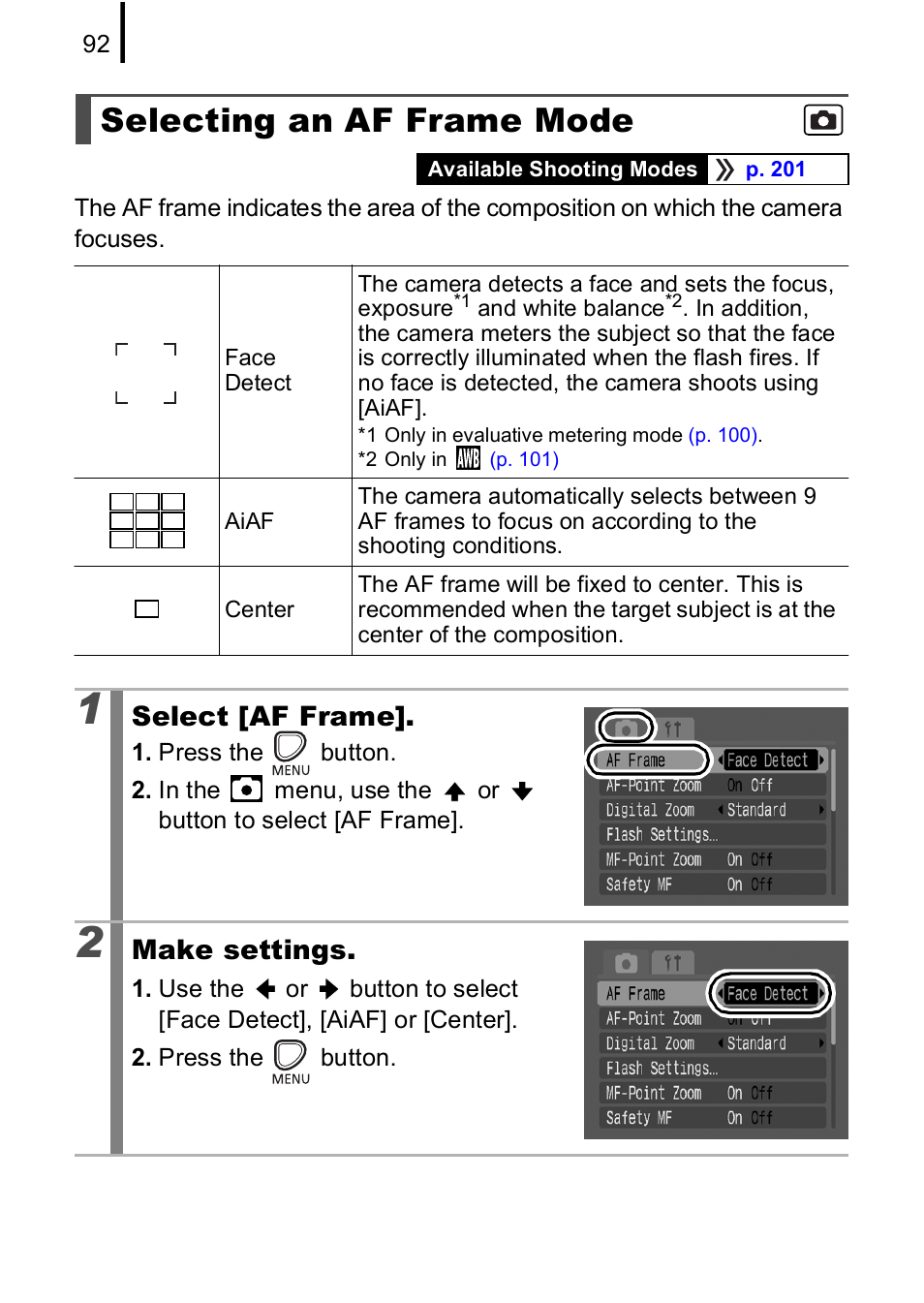 Selecting an af frame mode, P. 92 | Canon A590 IS User Manual | Page 94 / 207