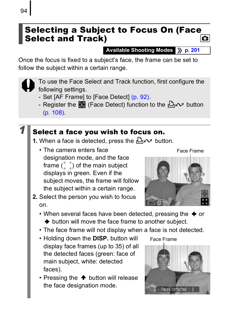 Selecting a subject to focus on, Face select and track) | Canon A590 IS User Manual | Page 96 / 207