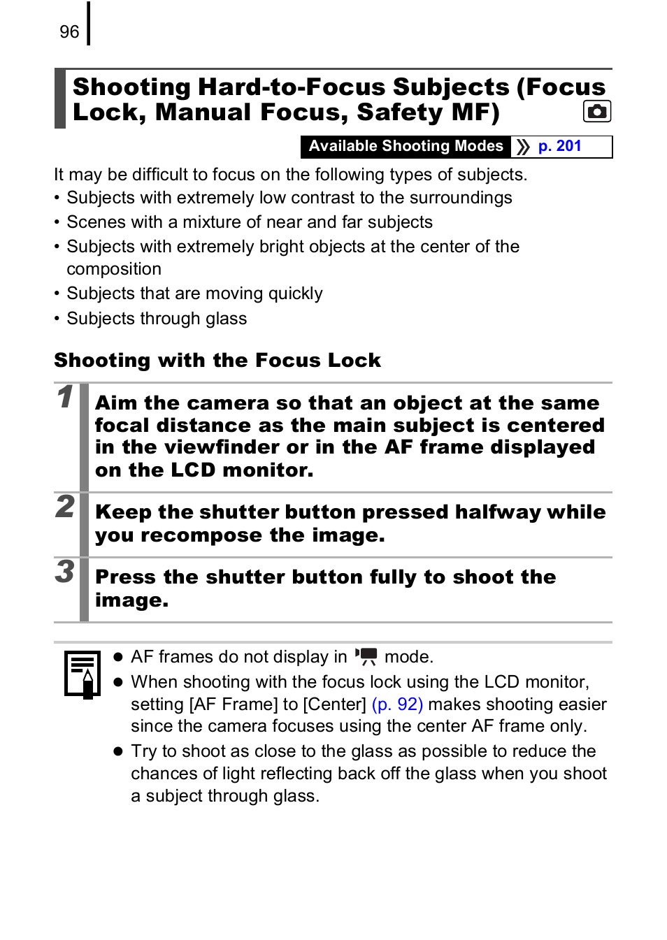 Shooting hard-to-focus subjects, Focus lock, manual focus, safety mf) | Canon A590 IS User Manual | Page 98 / 207