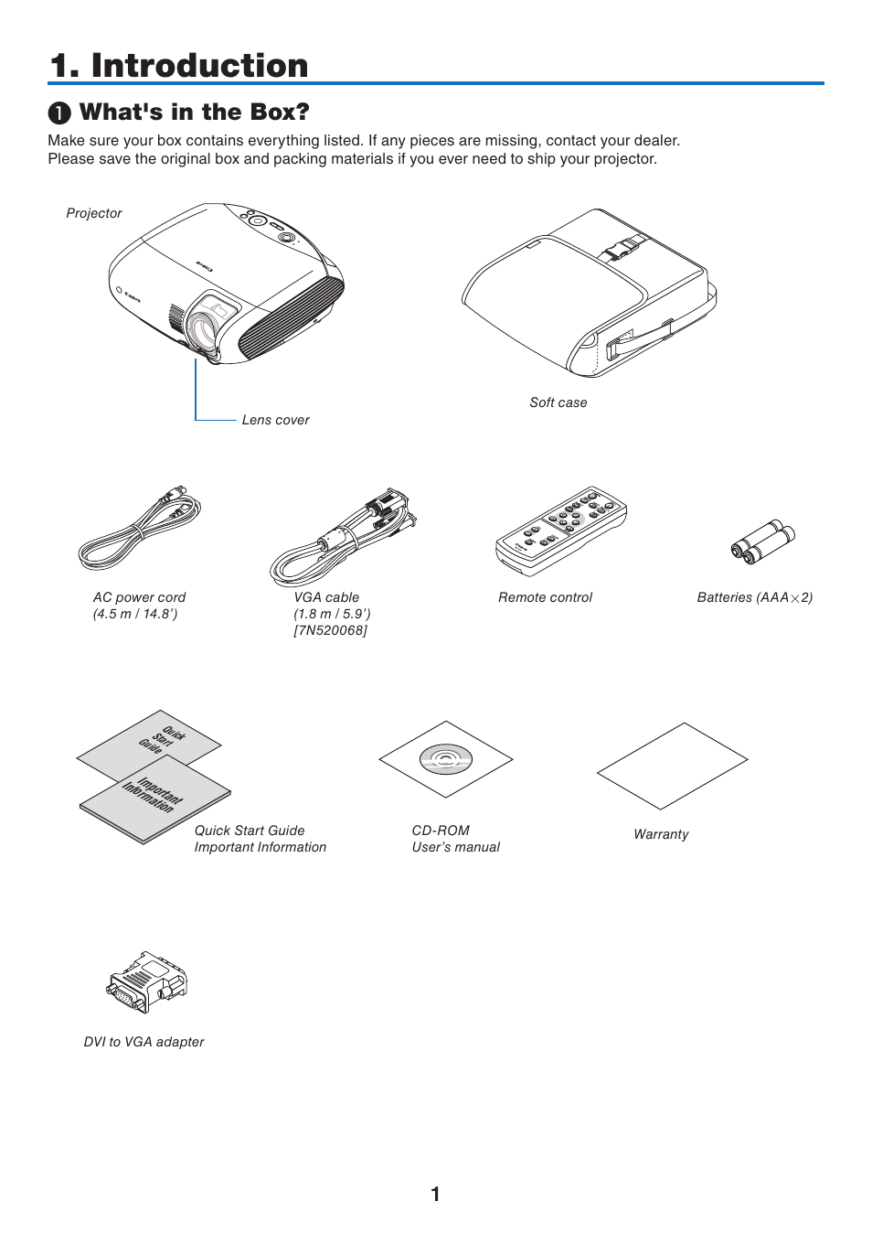 Introduction, 1) what's in the box, What's in the box | Canon LV-7275  EN User Manual | Page 10 / 94