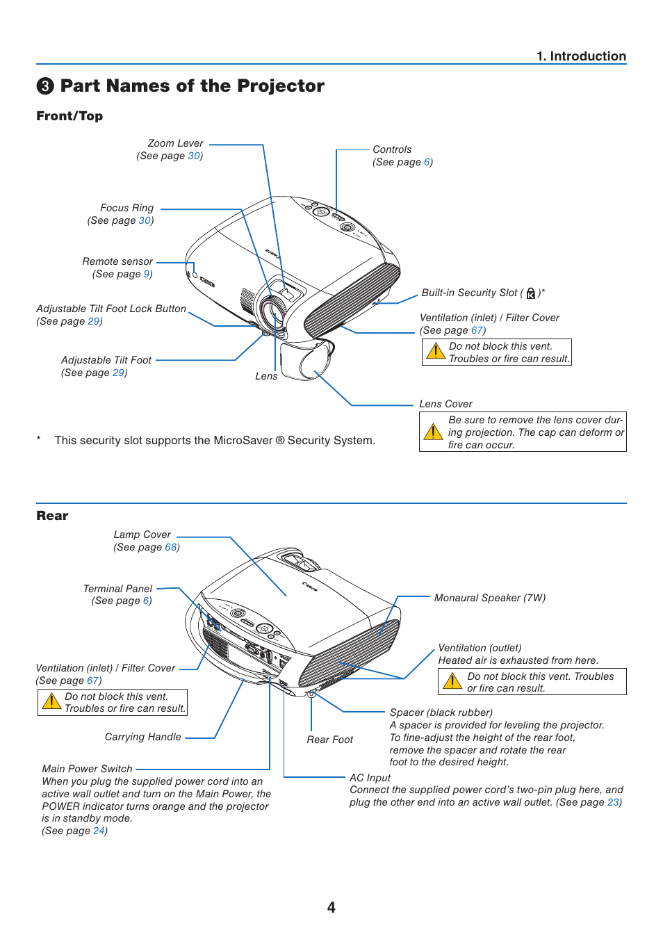 3) part names of the projector, Front/top, Rear | Part names of the projector | Canon LV-7275  EN User Manual | Page 13 / 94