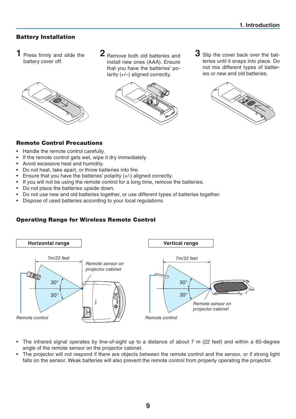 Battery installation, Remote control precautions, Operating range for wireless remote control | Canon LV-7275  EN User Manual | Page 18 / 94