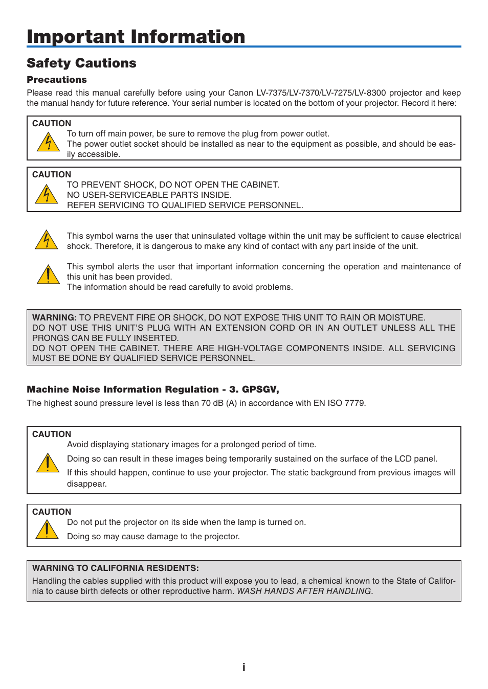 Important information, Safety cautions | Canon LV-7275  EN User Manual | Page 2 / 94