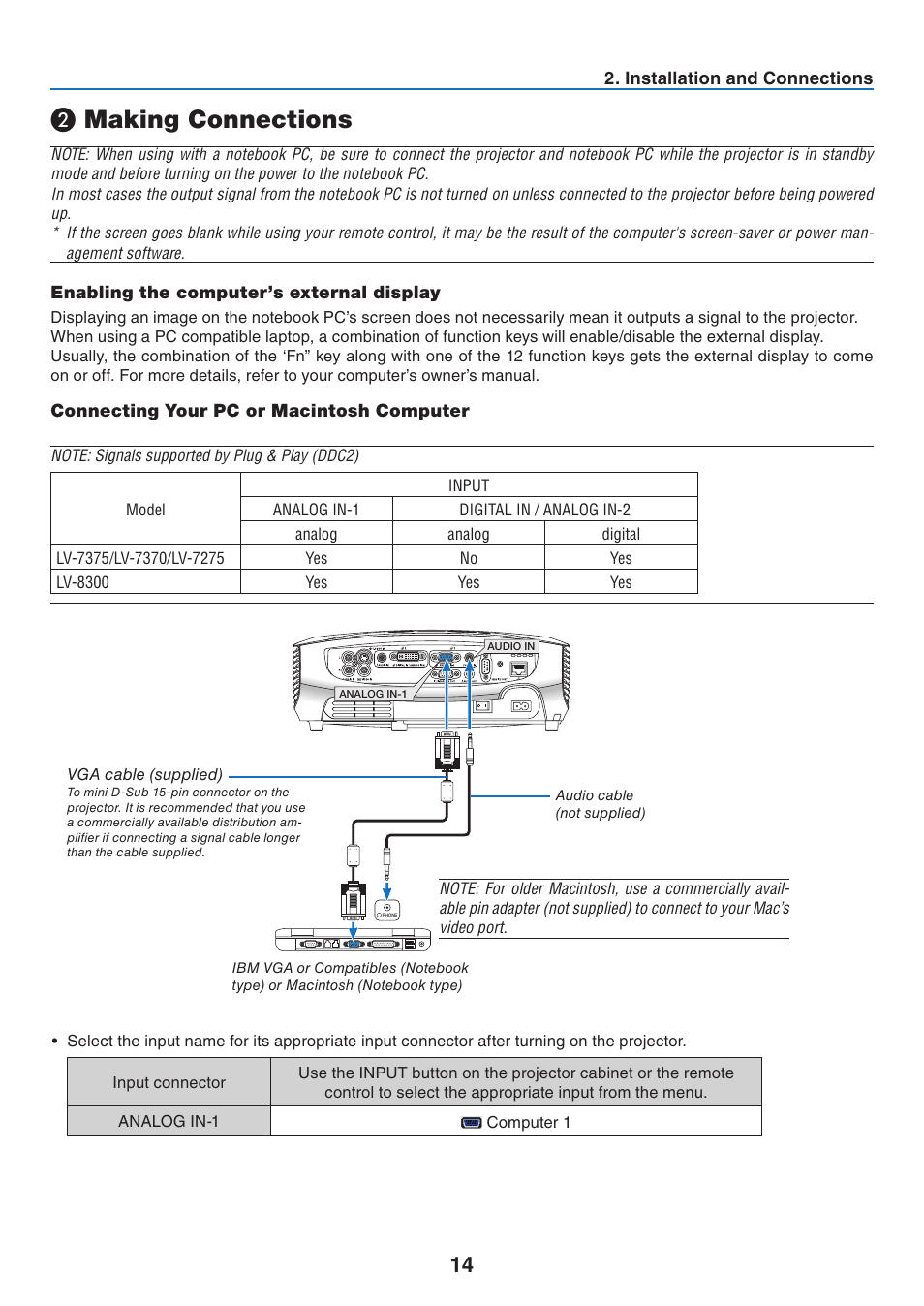 2) making connections, Enabling the computer’s external display, Connecting your pc or macintosh computer | Making connections | Canon LV-7275  EN User Manual | Page 23 / 94