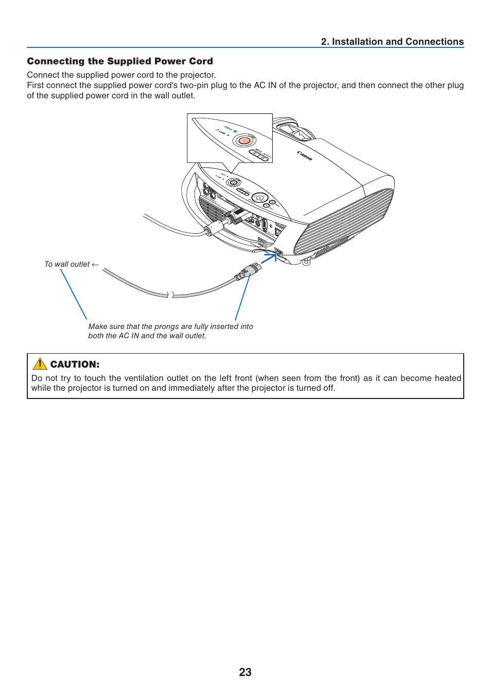 Connecting the supplied power cord | Canon LV-7275  EN User Manual | Page 32 / 94