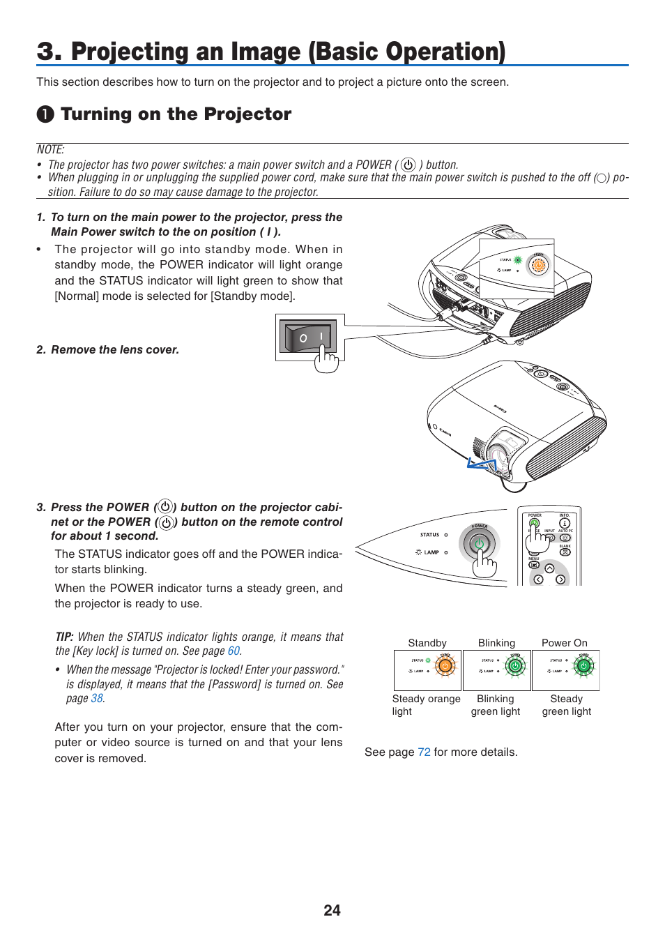 Projecting an image (basic operation), 1) turning on the projector, Turning on the projector | Canon LV-7275  EN User Manual | Page 33 / 94