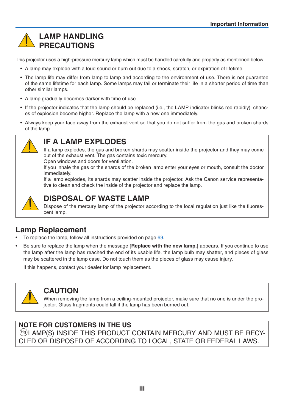 Lamp handling precautions, If a lamp explodes, Disposal of waste lamp | Lamp replacement, Caution | Canon LV-7275  EN User Manual | Page 4 / 94