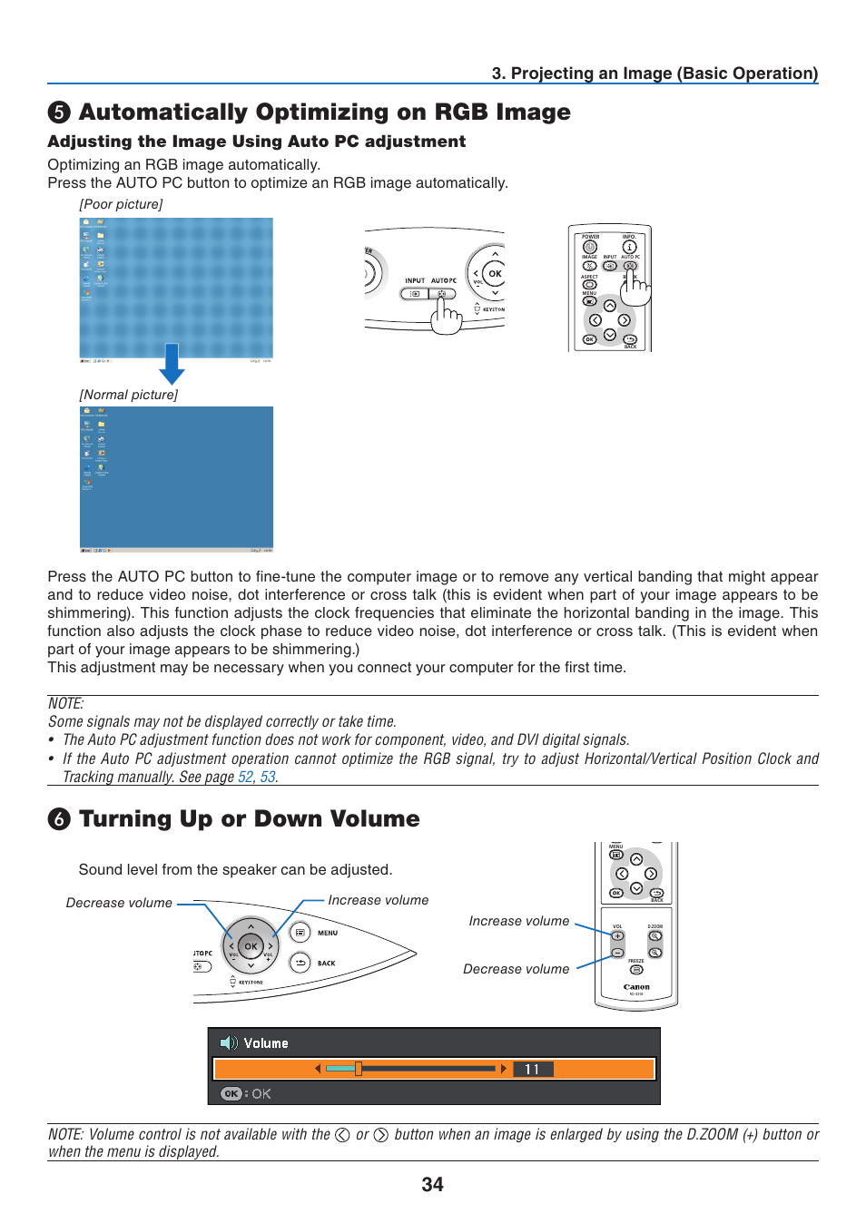 5) automatically optimizing on rgb image, Adjusting the image using auto pc adjustment, 6) turning up or down volume | Automatically optimizing on rgb image, Turning up or down volume, Projectng an image (basc operaton) | Canon LV-7275  EN User Manual | Page 43 / 94