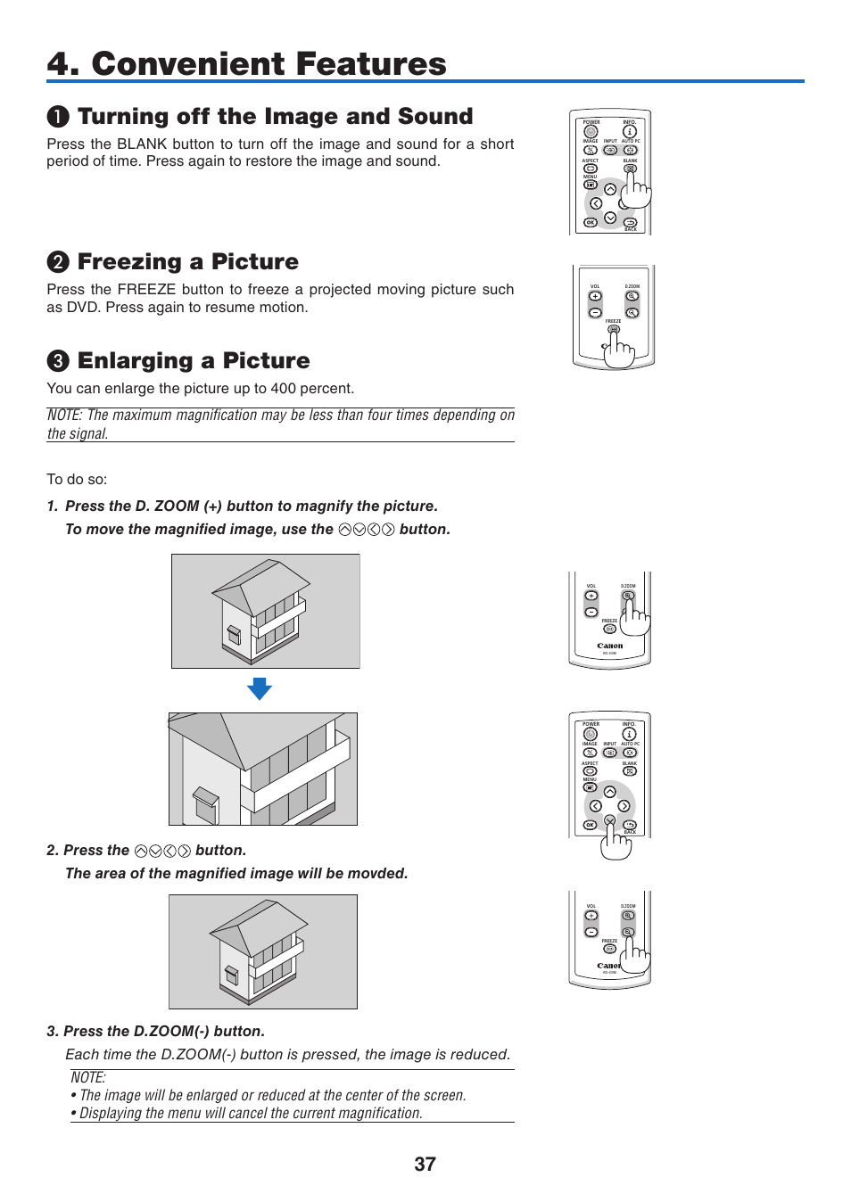 Convenient features, 1) turning off the image and sound, 2) freezing a picture | 3) enlarging a picture, Turning off the image and sound, Freezing a picture, Enlarging a picture | Canon LV-7275  EN User Manual | Page 46 / 94