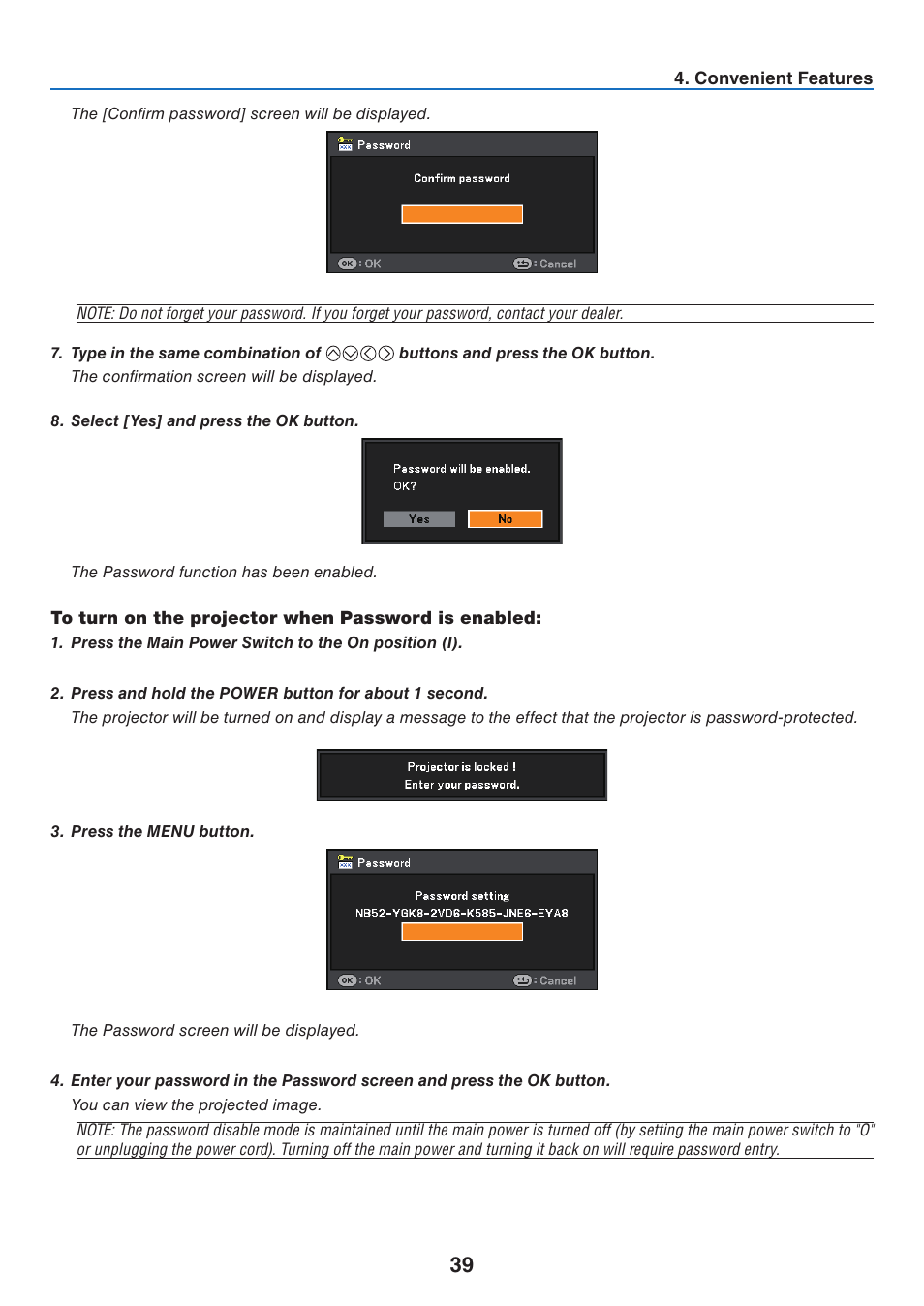 To turn on the projector when password is enabled | Canon LV-7275  EN User Manual | Page 48 / 94