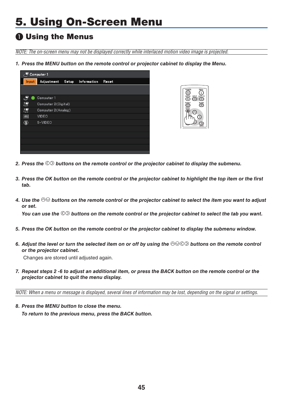 Using on-screen menu, 1) using the menus, Using the menus | Canon LV-7275  EN User Manual | Page 54 / 94