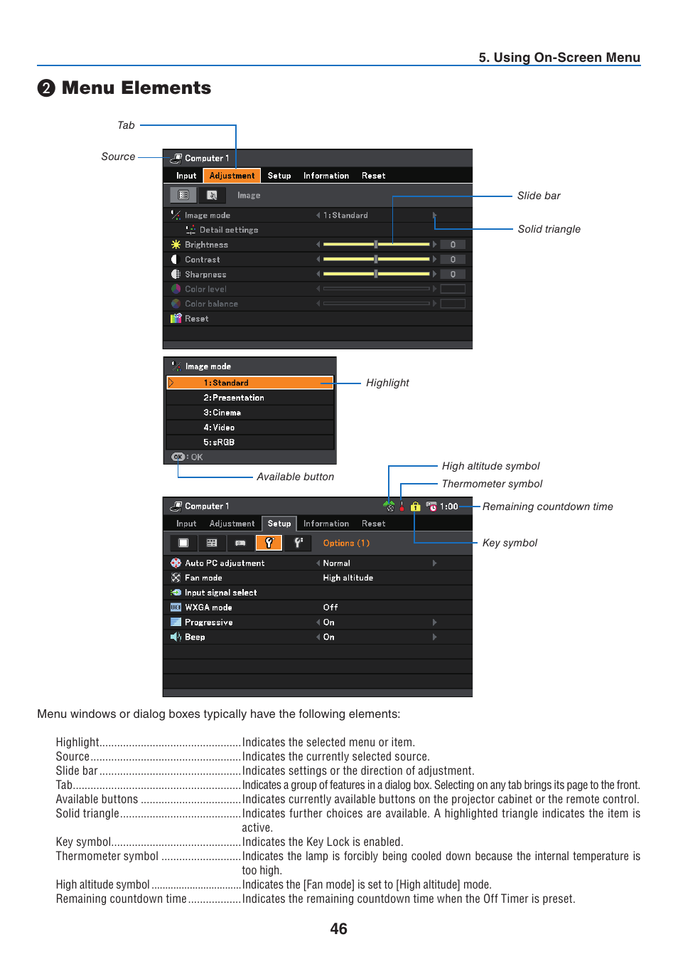 2) menu elements, Menu elements | Canon LV-7275  EN User Manual | Page 55 / 94