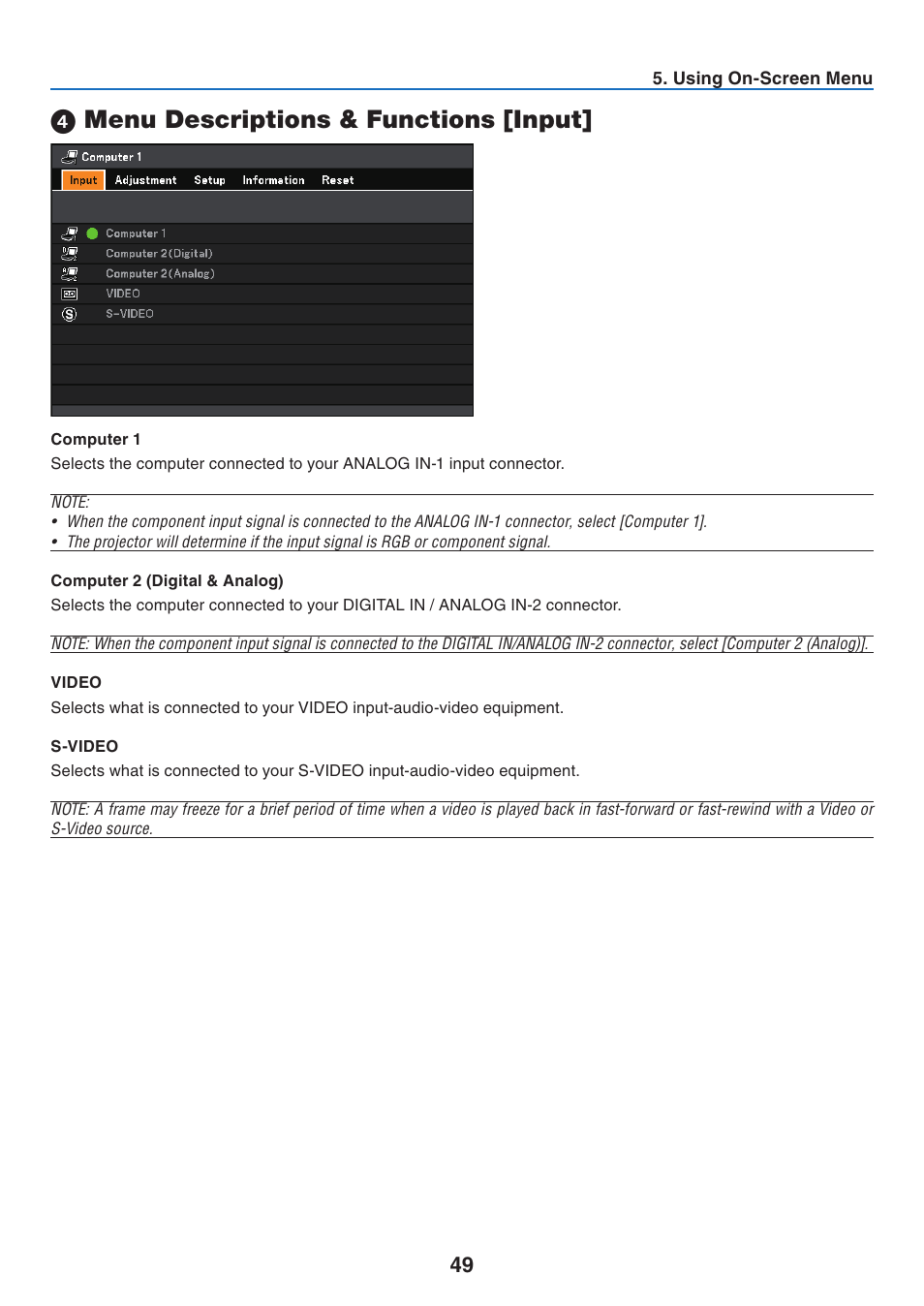 4) menu descriptions & functions [input, Computer 1, Computer 2 (digital & analog) | Video, S-video, 4 menu descriptions & functions [input | Canon LV-7275  EN User Manual | Page 58 / 94