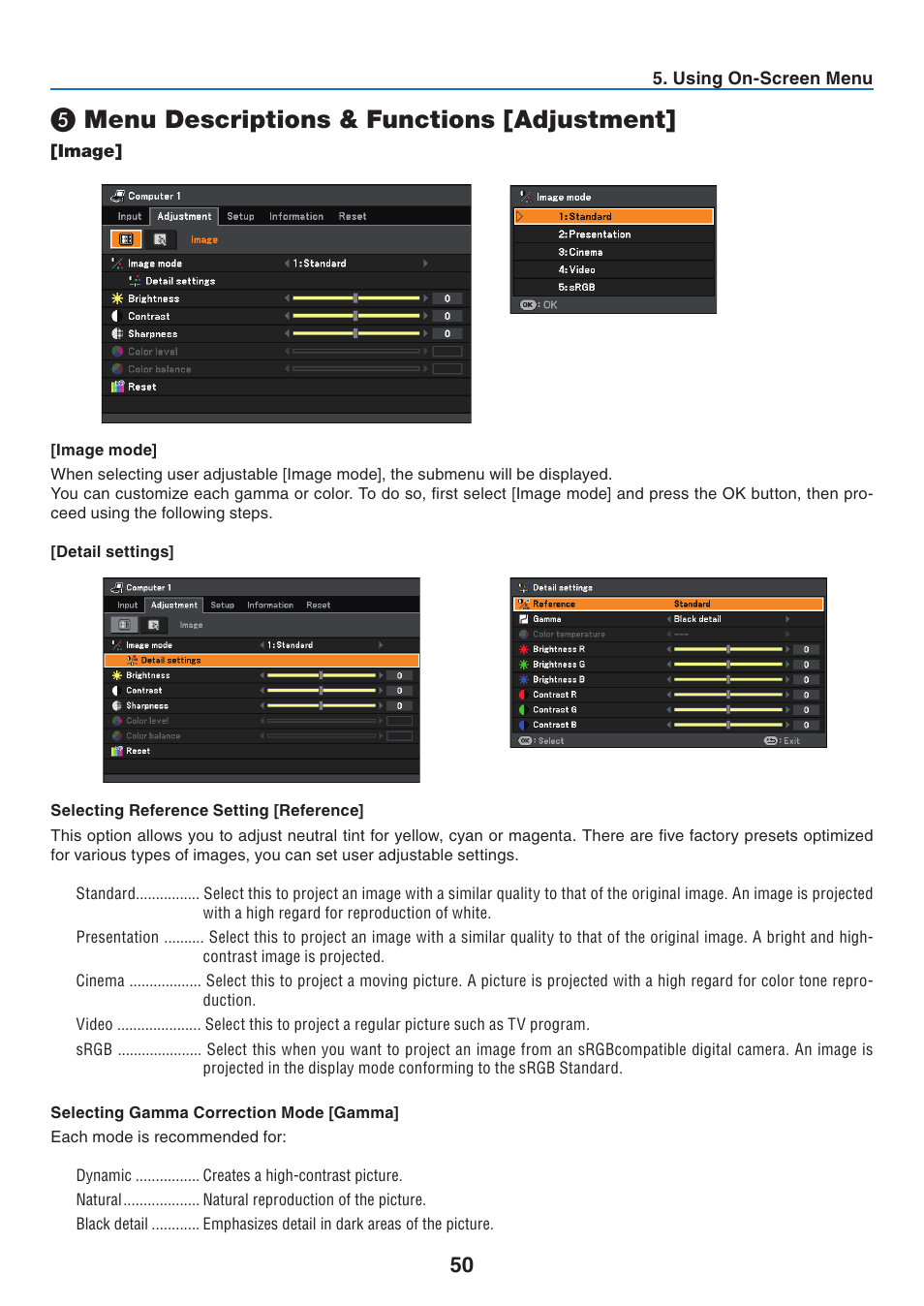 5) menu descriptions & functions [adjustment, Image, Image mode | Detail settings, Selecting reference setting [reference, Selecting gamma correction mode [gamma, Menu descriptions & functions [adjustment | Canon LV-7275  EN User Manual | Page 59 / 94