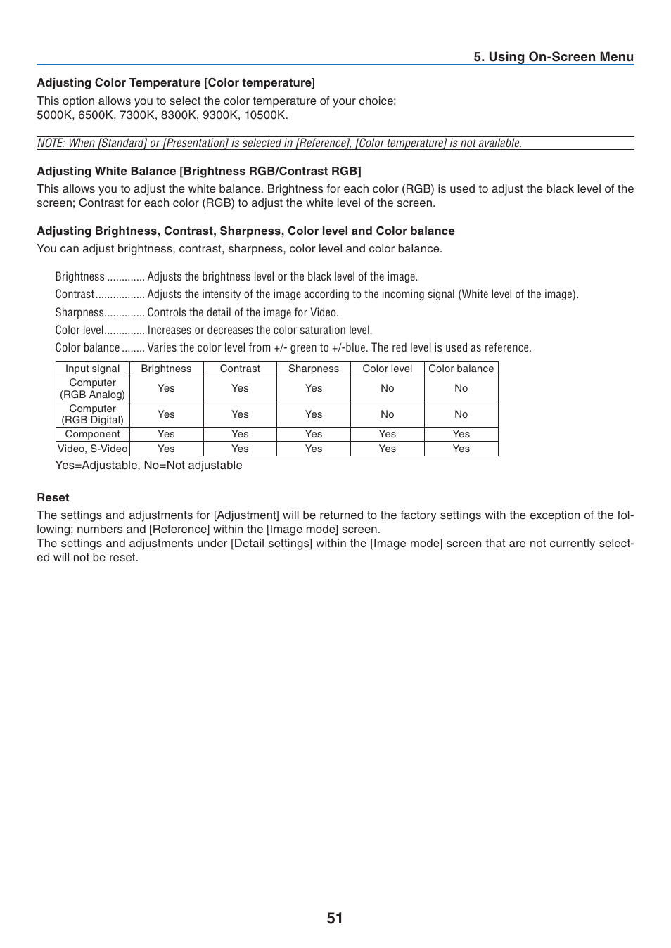 Adjusting color temperature [color temperature, Reset | Canon LV-7275  EN User Manual | Page 60 / 94