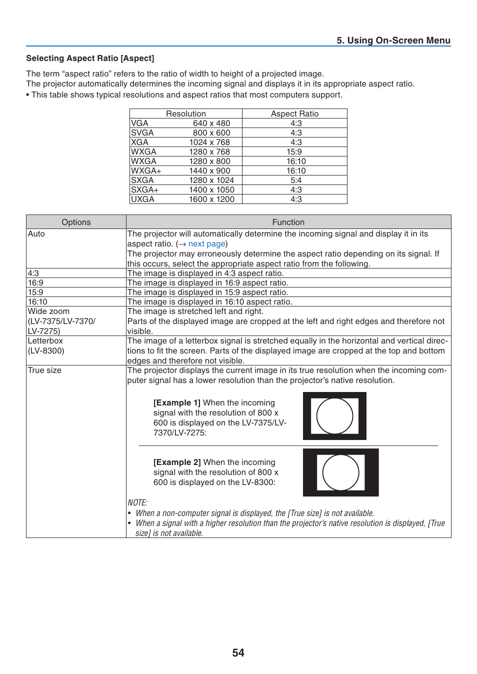 Selecting aspect ratio [aspect | Canon LV-7275  EN User Manual | Page 63 / 94