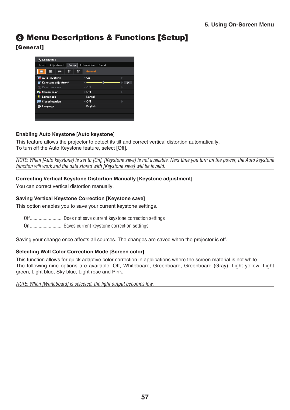 6) menu descriptions & functions [setup, General, Enabling auto keystone [auto keystone | Saving vertical keystone correction [keystone save, Selecting wall color correction mode [screen color, Menu descriptions & functions [setup | Canon LV-7275  EN User Manual | Page 66 / 94