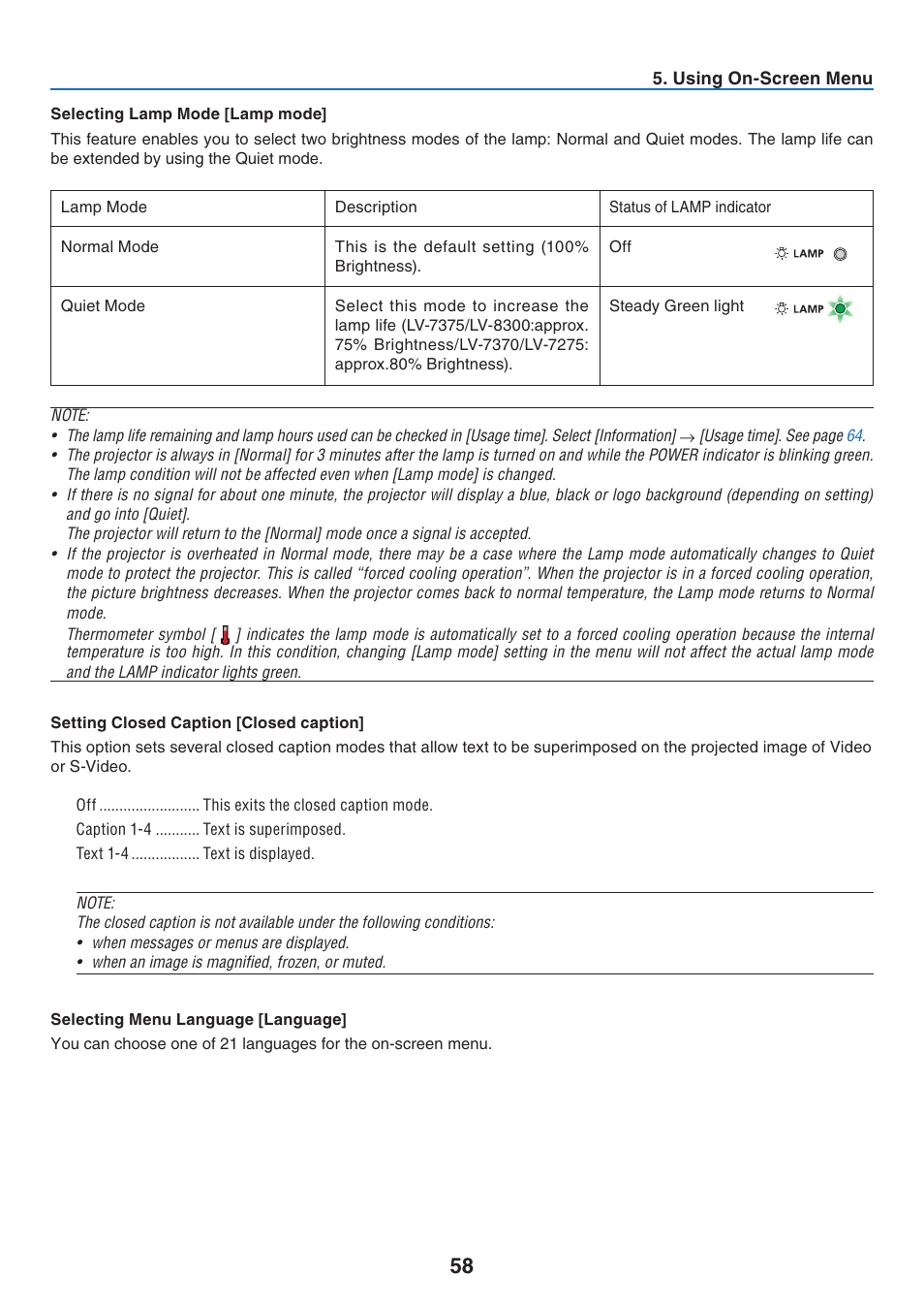 Selecting lamp mode [lamp mode, Setting closed caption [closed caption, Selecting menu language [language | Canon LV-7275  EN User Manual | Page 67 / 94