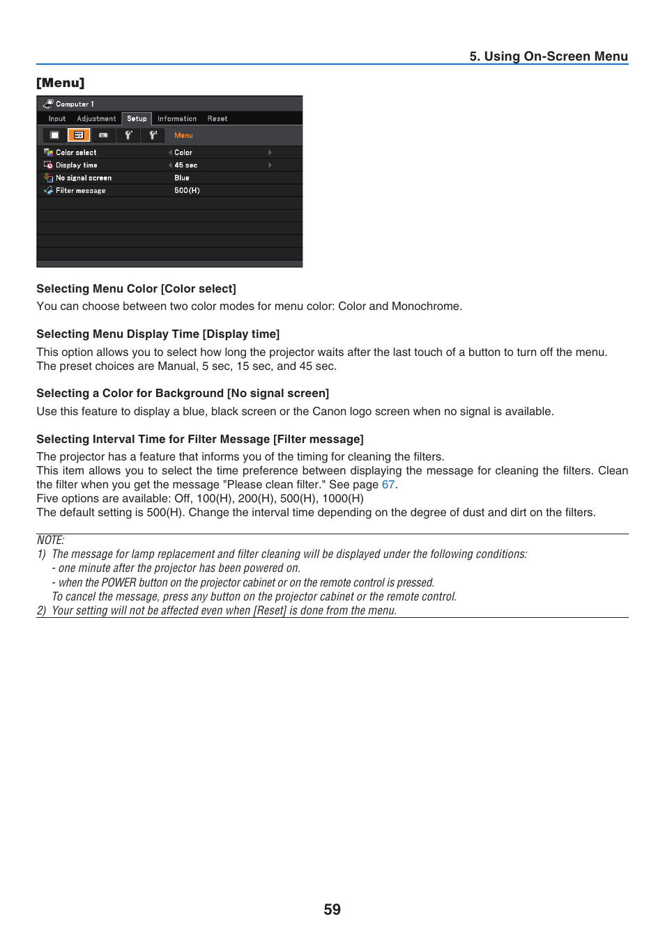 Menu, Selecting menu color [color select, Selecting menu display time [display time | Selecting a color for background [no signal screen | Canon LV-7275  EN User Manual | Page 68 / 94