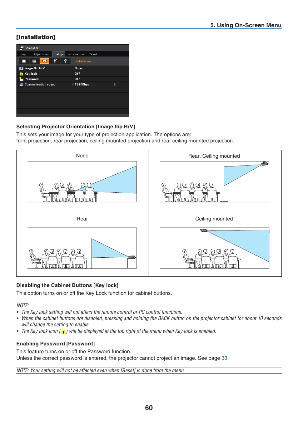 Installation, Selecting projector orientation [image flip h/v, Disabling the cabinet buttons [key lock | Enabling password [password | Canon LV-7275  EN User Manual | Page 69 / 94