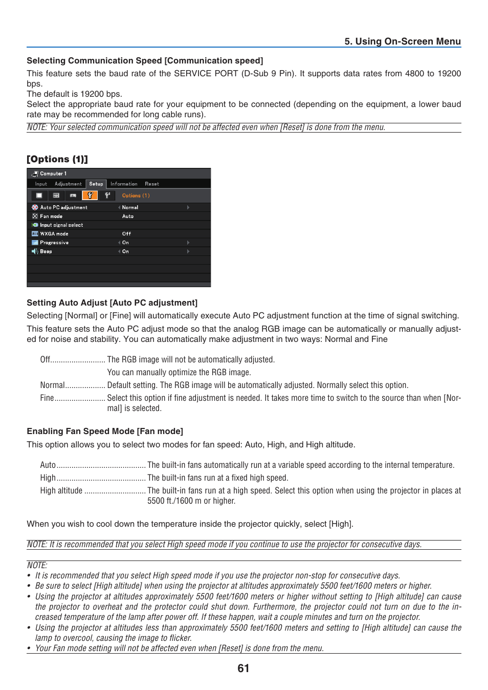 Selecting communication speed [communication speed, Options (1), Setting auto adjust [auto pc adjustment | Enabling fan speed mode [fan mode | Canon LV-7275  EN User Manual | Page 70 / 94