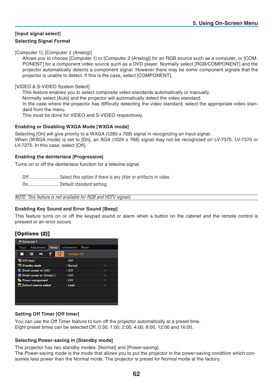 Input signal select, Enabling or disabling wxga mode [wxga mode, Enabling the deinterlace [progressive | Enabling key sound and error sound [beep, Options (2), Setting off timer [off timer, Selecting power-saving in [standby mode | Canon LV-7275  EN User Manual | Page 71 / 94