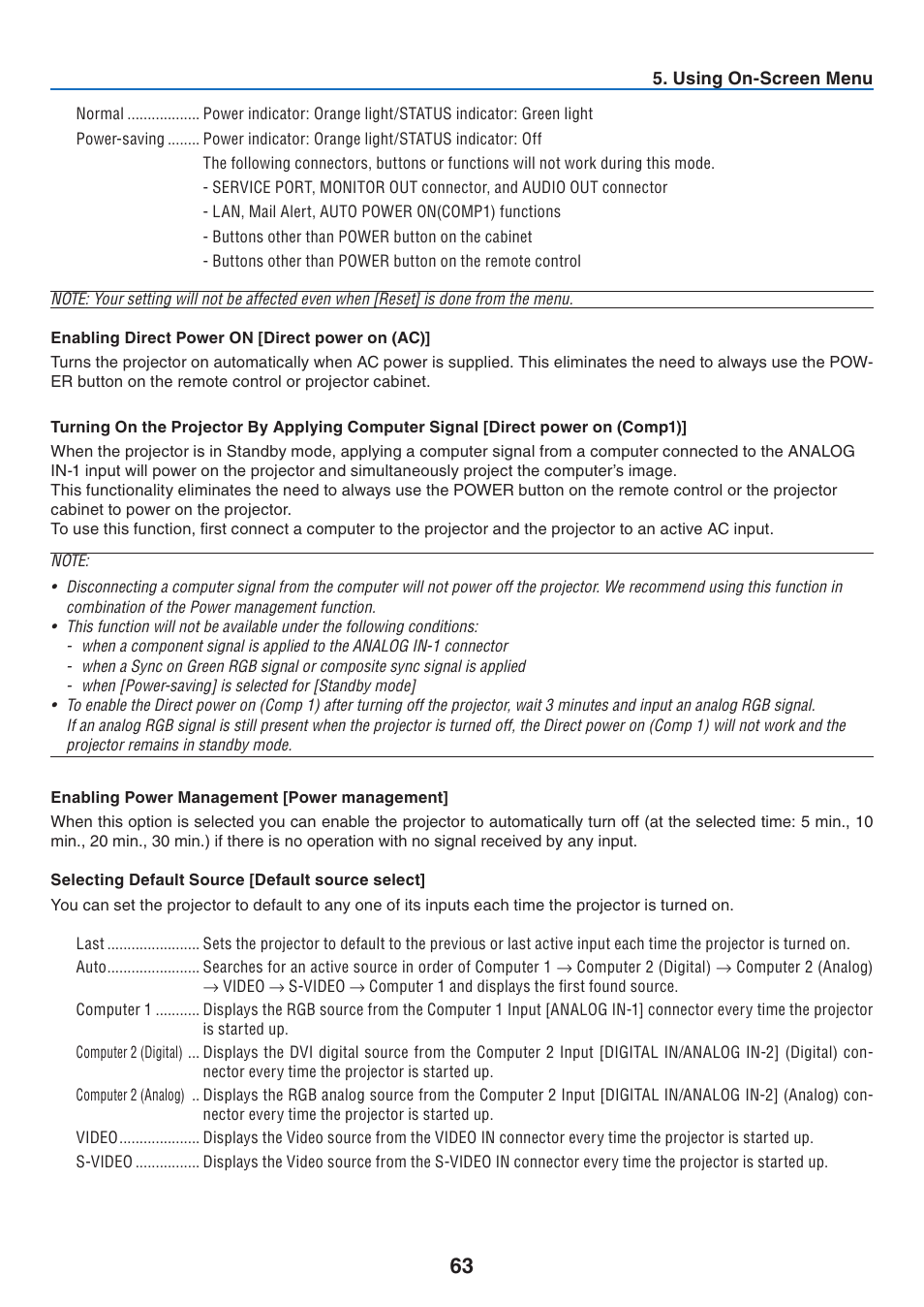 Enabling direct power on [direct power on (ac), Enabling power management [power management, Selecting default source [default source select | Canon LV-7275  EN User Manual | Page 72 / 94