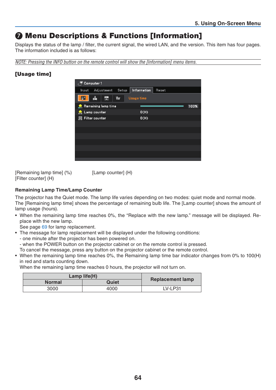 7) menu descriptions & functions [information, Usage time, Menu descriptions & functions [information | Canon LV-7275  EN User Manual | Page 73 / 94