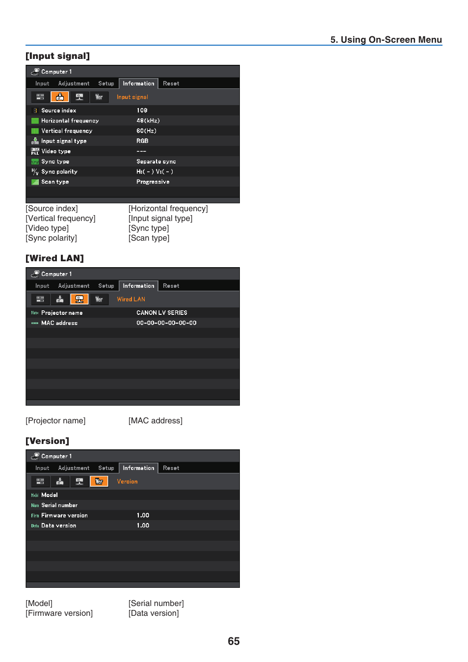 Input signal, Wired lan, Version | Canon LV-7275  EN User Manual | Page 74 / 94