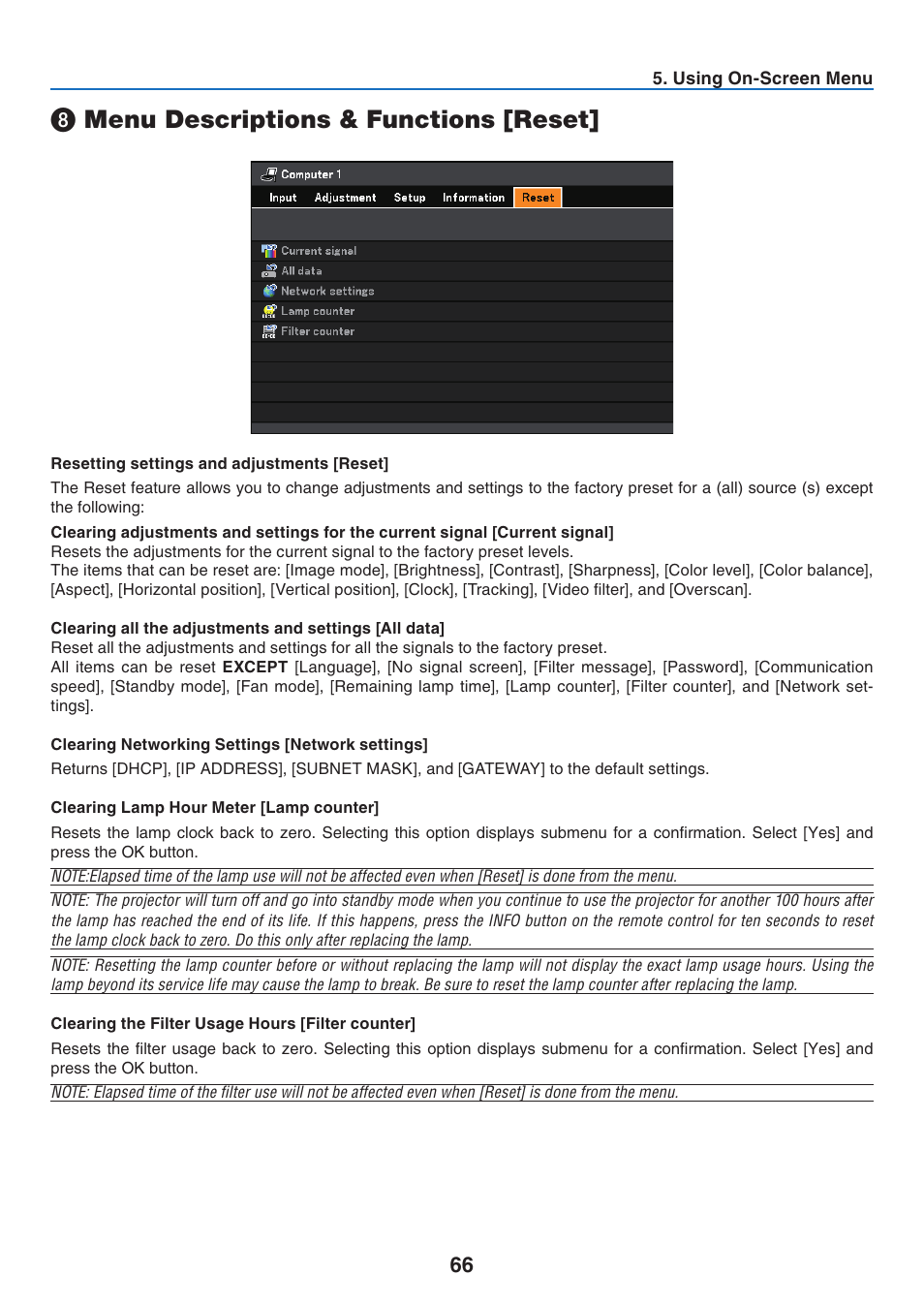 8) menu descriptions & functions [reset, Resetting settings and adjustments [reset, Clearing networking settings [network settings | Clearing lamp hour meter [lamp counter, Clearing the filter usage hours [filter counter, Menu descriptions & functions [reset | Canon LV-7275  EN User Manual | Page 75 / 94