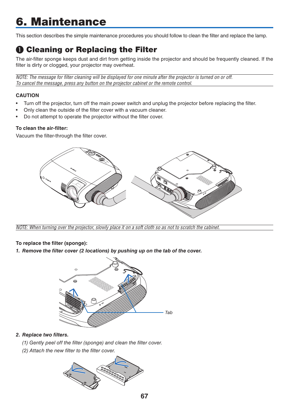 Maintenance, 1) cleaning or replacing the filter, Cleaning or replacing the filter | Canon LV-7275  EN User Manual | Page 76 / 94