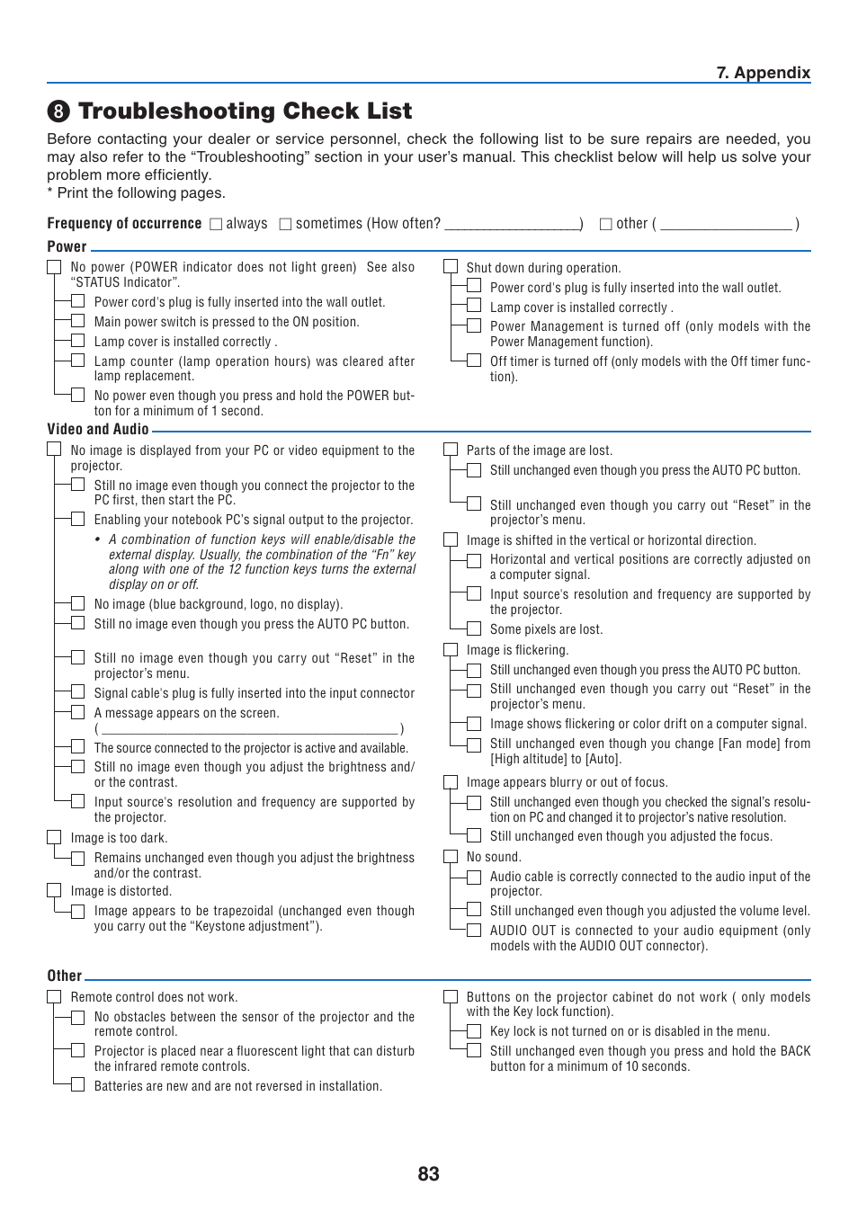 8) troubleshooting check list, Troubleshooting check list | Canon LV-7275  EN User Manual | Page 92 / 94