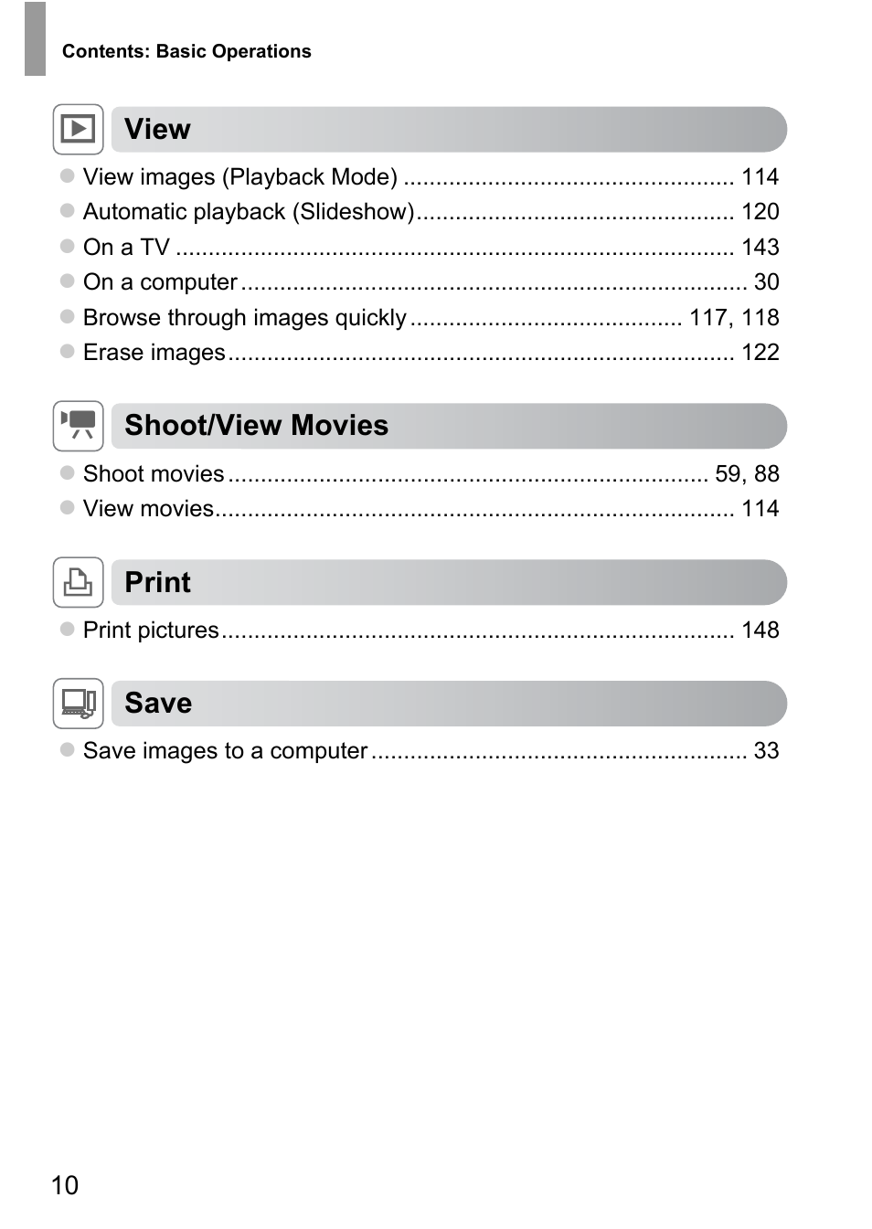 1view, Eshoot/view movies, Cprint | Save | Canon A4050 IS User Manual | Page 10 / 186