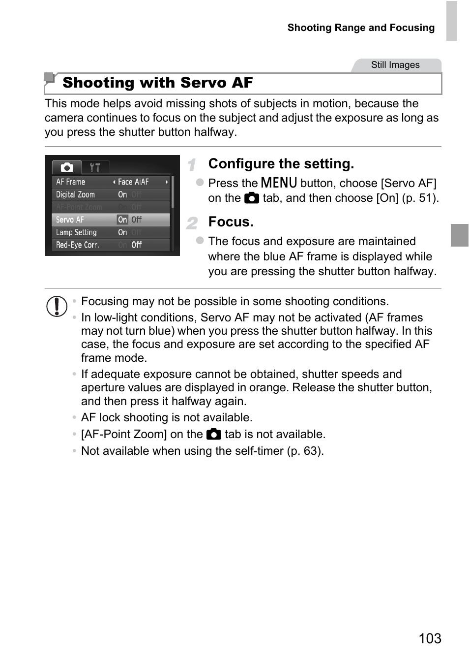 Shooting with servo af, Configure the setting, Focus | Canon A4050 IS User Manual | Page 103 / 186