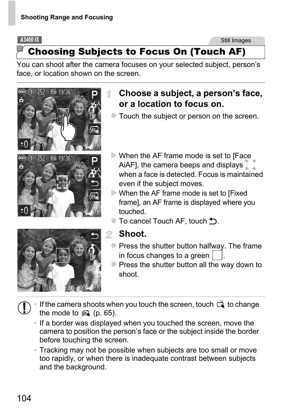 Choosing subjects to focus on (touch af), Shoot | Canon A4050 IS User Manual | Page 104 / 186