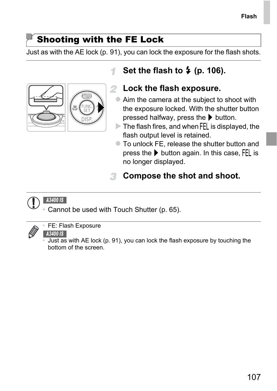 Shooting with the fe lock, Compose the shot and shoot | Canon A4050 IS User Manual | Page 107 / 186