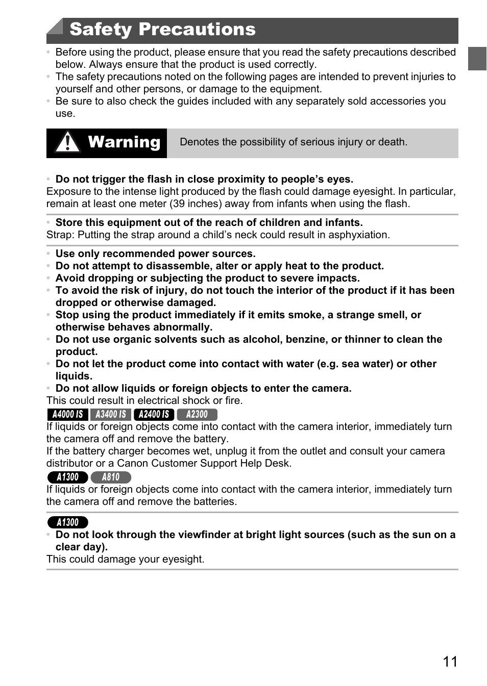 Safety precautions, Warning | Canon A4050 IS User Manual | Page 11 / 186