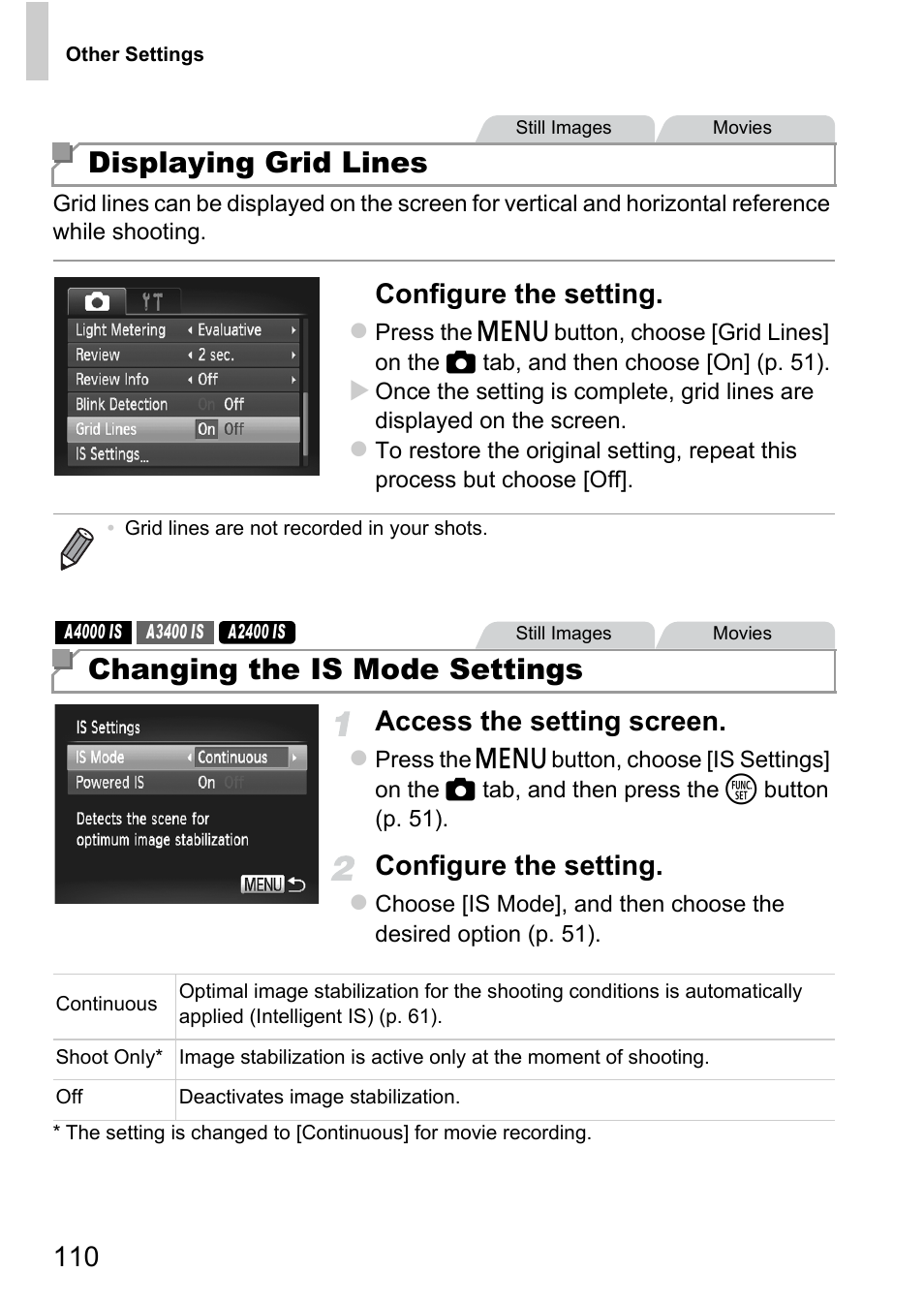 Displaying grid lines, Changing the is mode settings, Configure the setting | Access the setting screen | Canon A4050 IS User Manual | Page 110 / 186