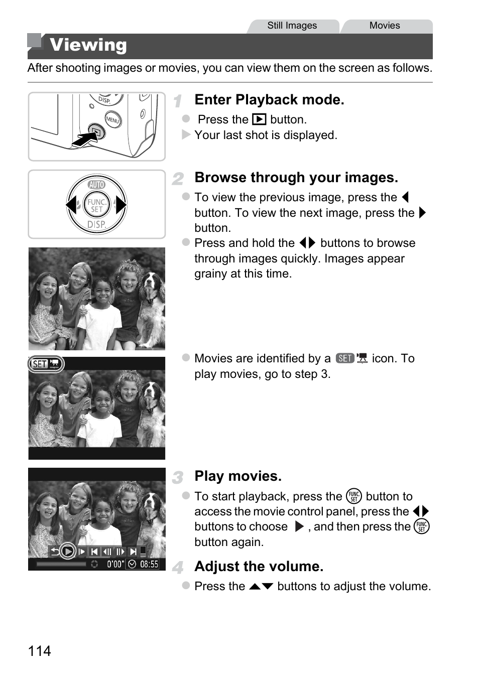 Viewing, Enter playback mode, Browse through your images | Play movies, Adjust the volume | Canon A4050 IS User Manual | Page 114 / 186