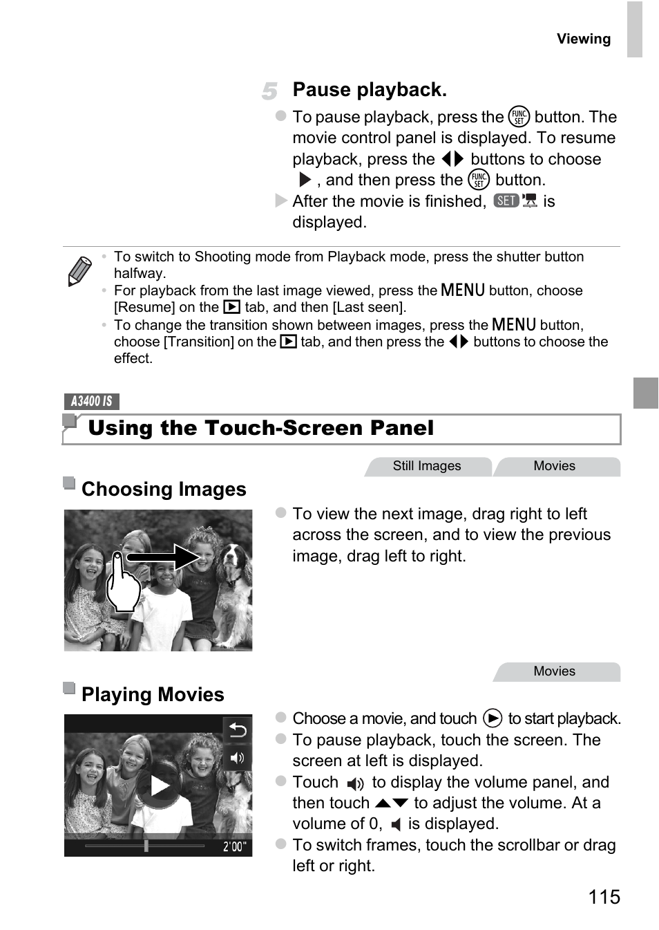Using the touch-screen panel, 115 pause playback, Choosing images | Playing movies | Canon A4050 IS User Manual | Page 115 / 186