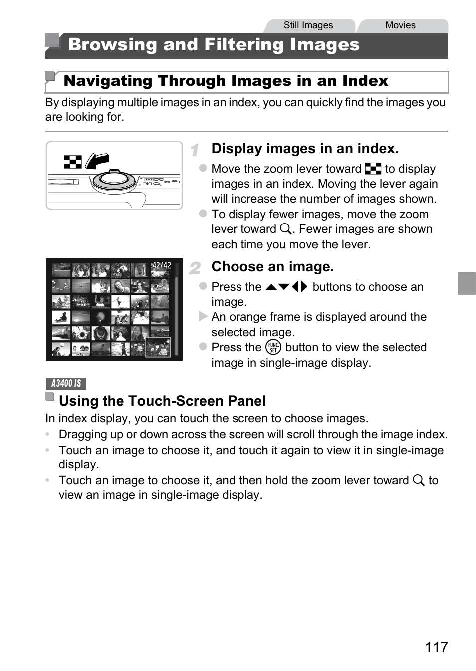 Browsing and filtering images, Navigating through images in an index, Display images in an index | Choose an image, Using the touch-screen panel | Canon A4050 IS User Manual | Page 117 / 186