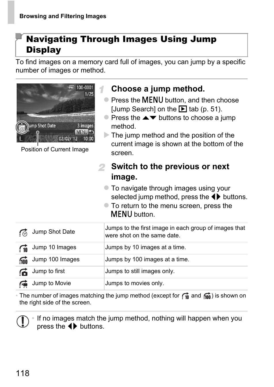 Navigating through images using jump display, Choose a jump method, Switch to the previous or next image | Canon A4050 IS User Manual | Page 118 / 186