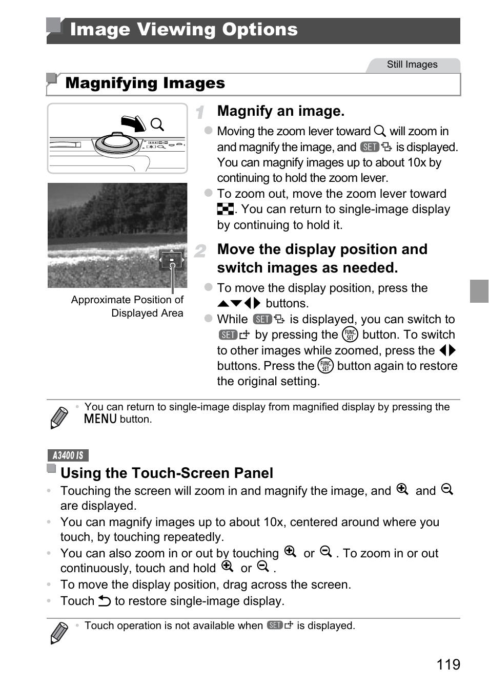 Image viewing options, Magnifying images, 119 magnify an image | Using the touch-screen panel | Canon A4050 IS User Manual | Page 119 / 186