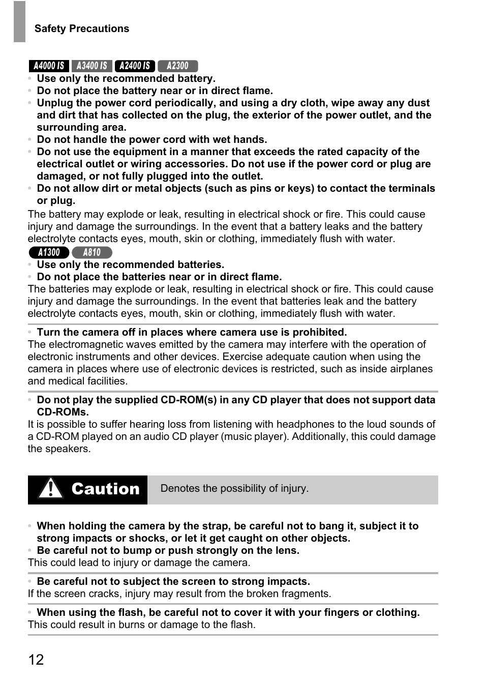 Caution | Canon A4050 IS User Manual | Page 12 / 186