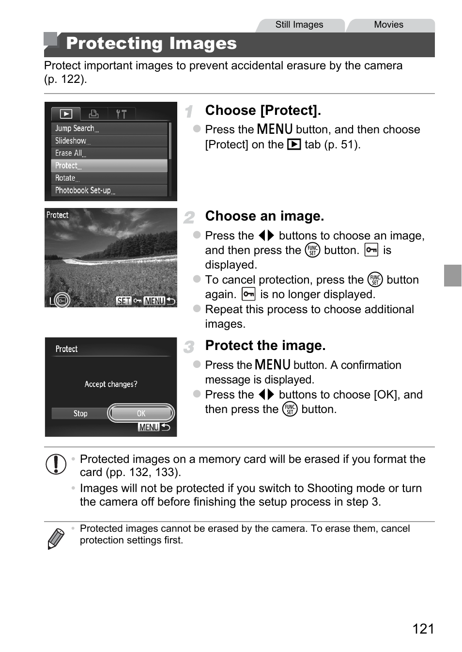 Protecting images, Choose [protect, Choose an image | Protect the image | Canon A4050 IS User Manual | Page 121 / 186